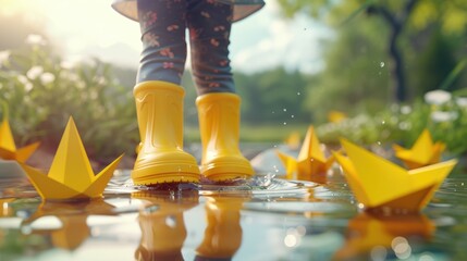 Child in Yellow Boots Playing with Paper Boats, Close-up of a child's feet in vibrant yellow rain boots standing in a puddle with origami paper boats around, evoking a playful spring day - obrazy, fototapety, plakaty