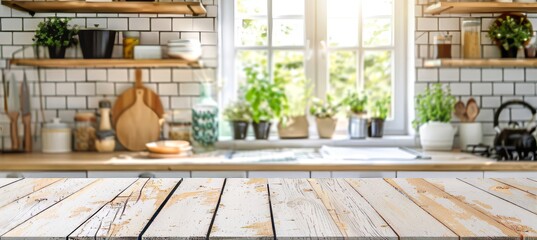 Empty wooden table on blurred kitchen countertop background for versatile home decor
