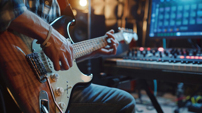 Guitarist's hands playing an electric guitar with blurred studio equipment in the background