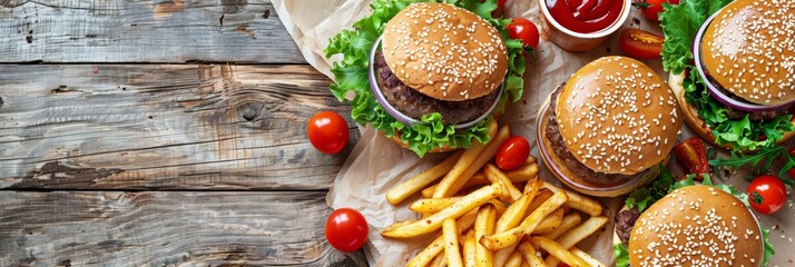 Top view of traditional burger and french fries on wooden table with space for text