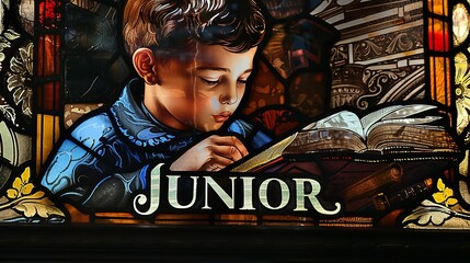 child with word junior - obrazy, fototapety, plakaty