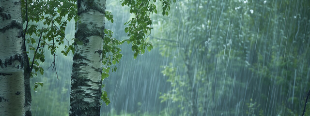 Birch tree in summer in heavy rain storm. - 758239436