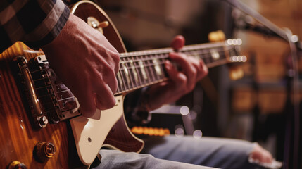 Fototapeta premium Detailed view of a musician playing a classic sunburst Gibson guitar in an intimate setting