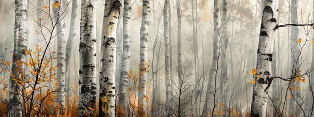 Forest with birch trees on foggy autumn day.