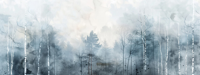 Forest with birch trees on foggy autumn or winter day, watercolor painting style.