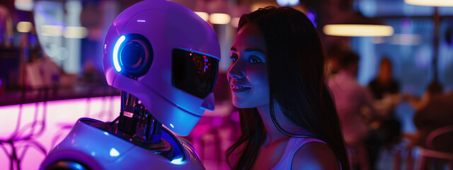 Young pretty female and robot on romantic date. Blend of humanity and artificial intelligence, intimate moment of a woman and an AI robot. - 758239480