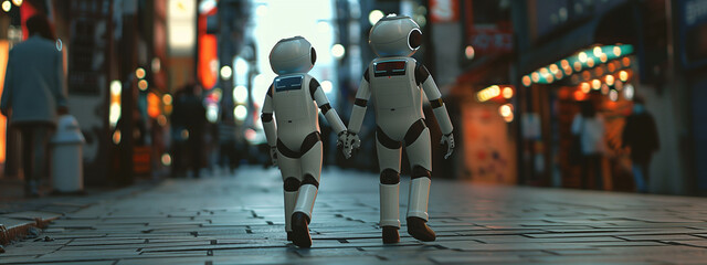 Rear view of two AI robots strolling hand in hand through the city streets at night, as they explore the bustling metropolis. - 758239485