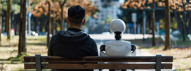 Blend of humanity and artificial intelligence, intimate moment of a man and an AI robot sitting side by side on a bench, enjoying each other's company. - 758239499