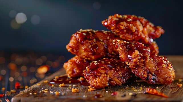 gastronomic picture of a 2 michelin star's spicy korean fried chicken tenders with a lot of CHILI SAUCE and crumbles on a woodtable. Cinematographic, dark blue background