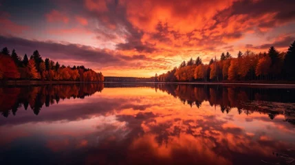 Foto op Canvas Fiery autumn landscape and mirrored lake in nature © stocksbyrs