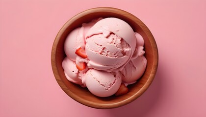 one rounded scoop strawberry ice cream in wooden bowl, top view on light pink background, photorealistic no cone