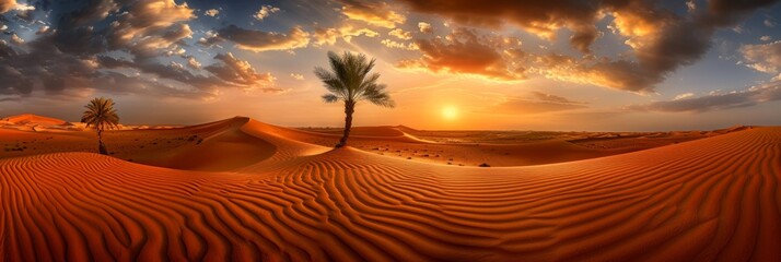 Mesmerizing sahara desert panorama at sunset with golden sand dunes   wide banner view - obrazy, fototapety, plakaty