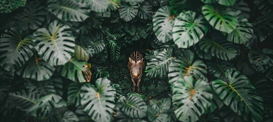 Zebra amidst dense tropical jungle leaves, observing its natural habitat, wildlife in focus.