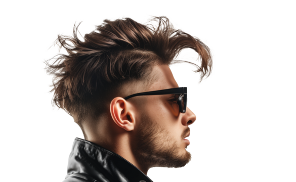 Side view of young bearded man isolated on transparent background
