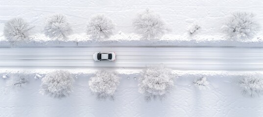 Aerial drone view of car and truck driving on snowy road in white winter forest scenery