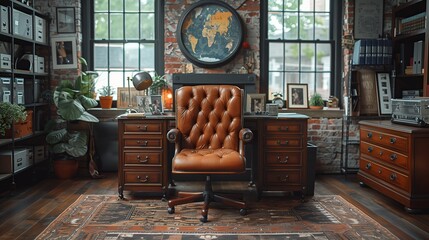 Classic Home Office with Leather Executive Chair and World Map Decor - obrazy, fototapety, plakaty