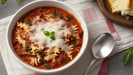 Italian homemade Lasagna Soup with  ground beef, tomato, pasta, basil, garlic and cheese. Top view with copy space on board rustic table 
