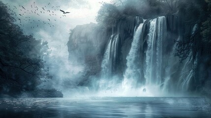 A dramatic waterfall scene with a small cave behind the water, and a few birds flying overhead. The scene is bathed in a soft, ethereal light, and the mist rises up into the air.