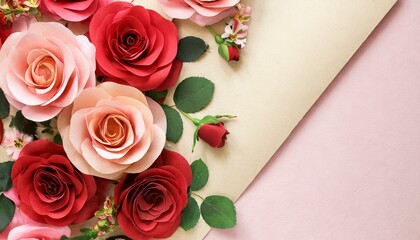 Pink and red roses frame, spring flowers background, empty space for text