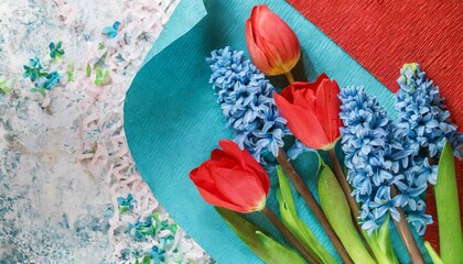 Blue hyacinths and red tulips, spring flowers background, empty space for text