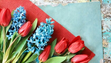 Blue hyacinths and red tulips, spring flowers background, empty space for text