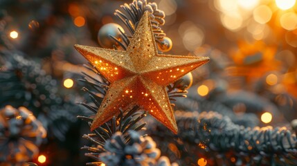  a close up of a star ornament on a christmas tree with a boke of lights in the background.