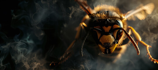 wasp over a dark background with copy space - obrazy, fototapety, plakaty
