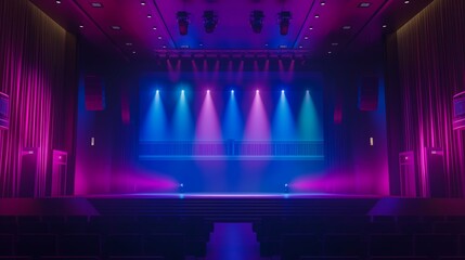 empty concert stage emits vibrant colored spotlights.