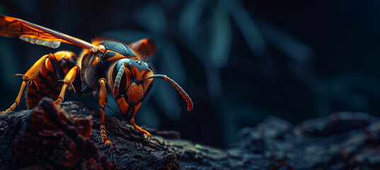 wasp on a branch over a dark background with copy space - obrazy, fototapety, plakaty