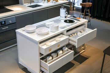 Modern Kitchen Interior with Open Drawers Showcasing Organized Storage Solutions and Appliances