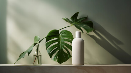 Mock-up de produits de salle de bain, cosmétique, bien-être. Fond de mur clair et feuilles tropicales, monstera. Pour conception et création graphique. 