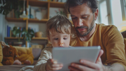 Father and child using digital tablet for e-learning. Education home digital device kid concept.