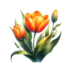 Fototapeta premium Orange color tulip flower illustration isolated on transparent background. AI Generative