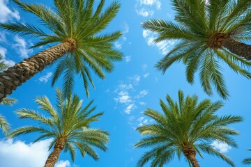 Looking up at towering palm trees against a vivid blue sky, concept of nature's grandeur and tropical climates