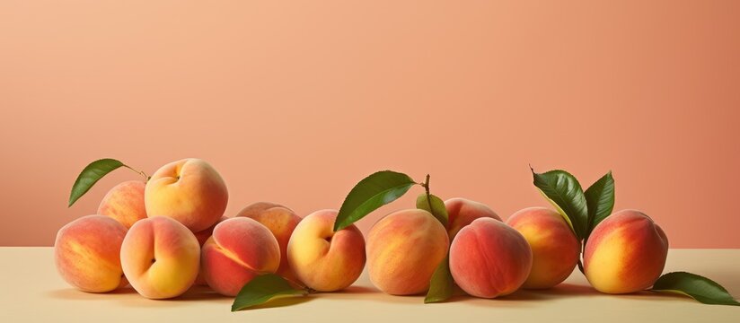 Peaches arranged on white surface against neutral-colored backdrop
