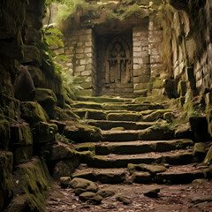 Ancient stone steps leading to a mysterious door. 