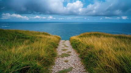 beautiful landscape walkway to coastal blue sea, Generative Ai