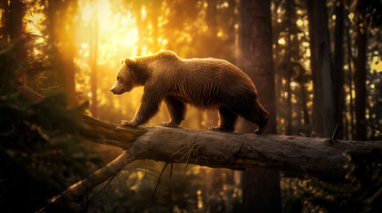 Urso Pardo andando em um tronco de madeira na floresta  - obrazy, fototapety, plakaty