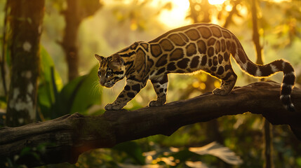 Leopardo nebuloso andando em um tronco de madeira na floresta  - obrazy, fototapety, plakaty
