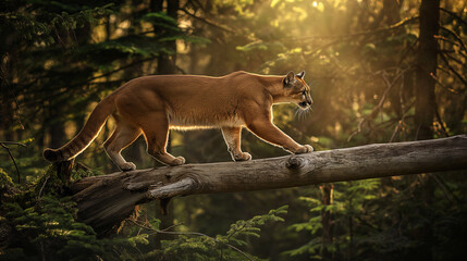 Puma andando em um tronco de madeira na floresta  - obrazy, fototapety, plakaty