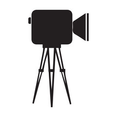 Camera tripod icon stands on a special front view, Old and New black  white. Movie video vector illustration, Cinema camera icon.