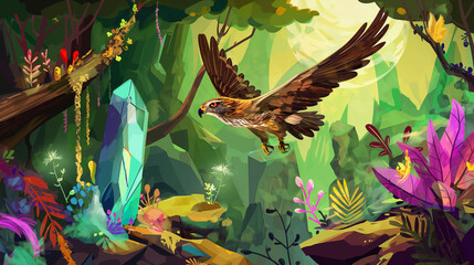 Gavião voando em uma floresta tropical com cristais - Ilustração 