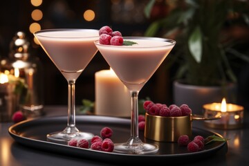 Vibrant light pink cocktails with fresh berries, mint garnish, and white plate display