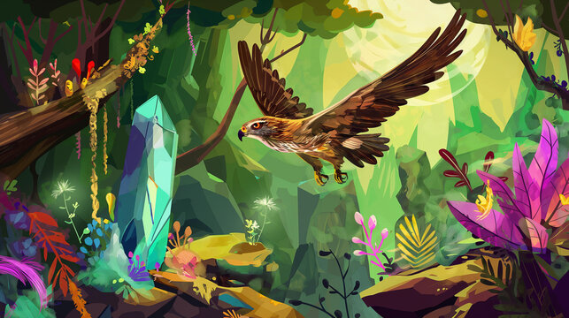 Gavião voando em uma floresta tropical com cristais - Ilustração 