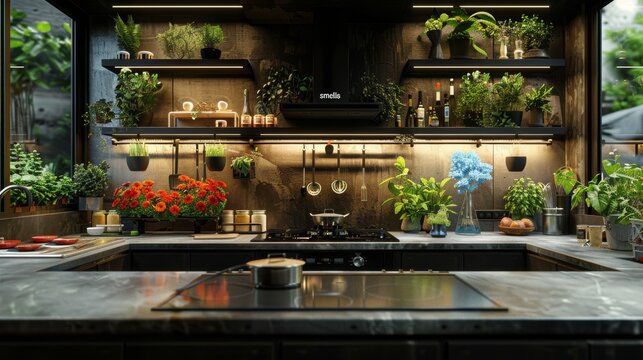  a kitchen filled with lots of potted plants next to a stove top oven and a counter top with pots and pans on it.