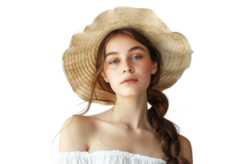 beautiful attractive stylish woman in white dress and straw hat posing on transparent background