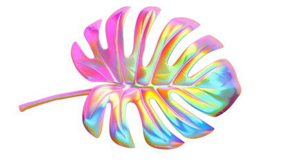 Neon tropical leaf isolated on transparent background. Monstera leaf