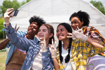 Happy Multi-Cultural Children teenage. Group portrait diverse teenage boy and girls. Group of teenage doing the activity on an organic farm...