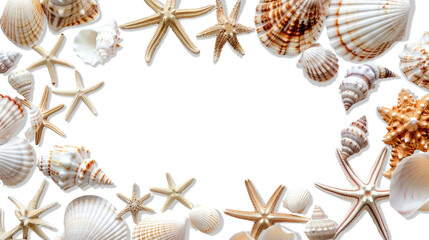 Fototapeta na wymiar Background with seashells and starfishes making a frame for any text on transparent