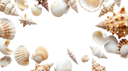 Background with seashells and starfishes making a frame for any text on transparent